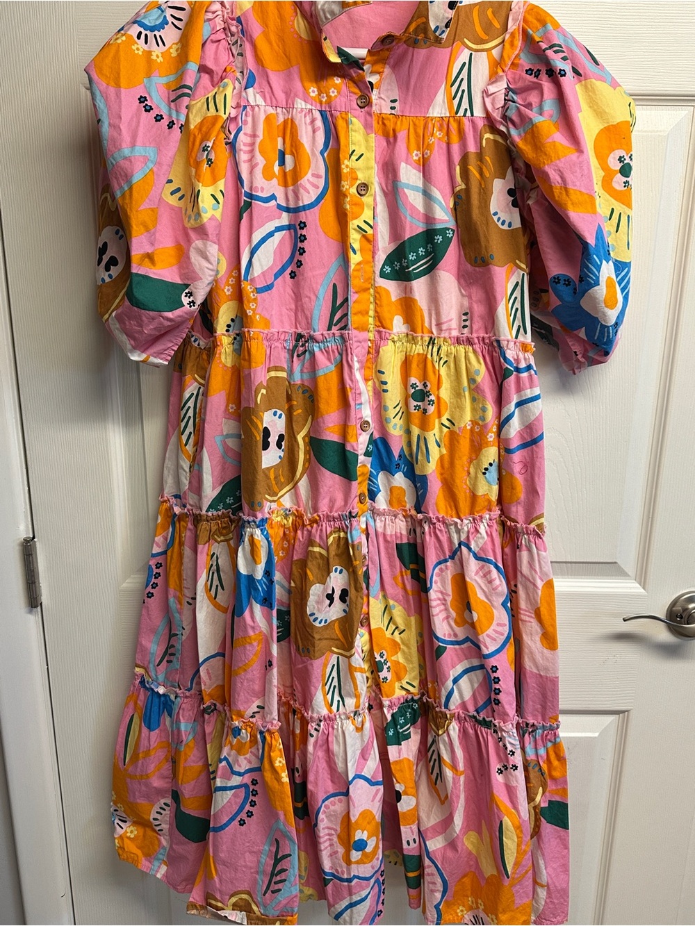 Karlie Pink Floral Tiered Cotton Dress with Orange and Blue Accents